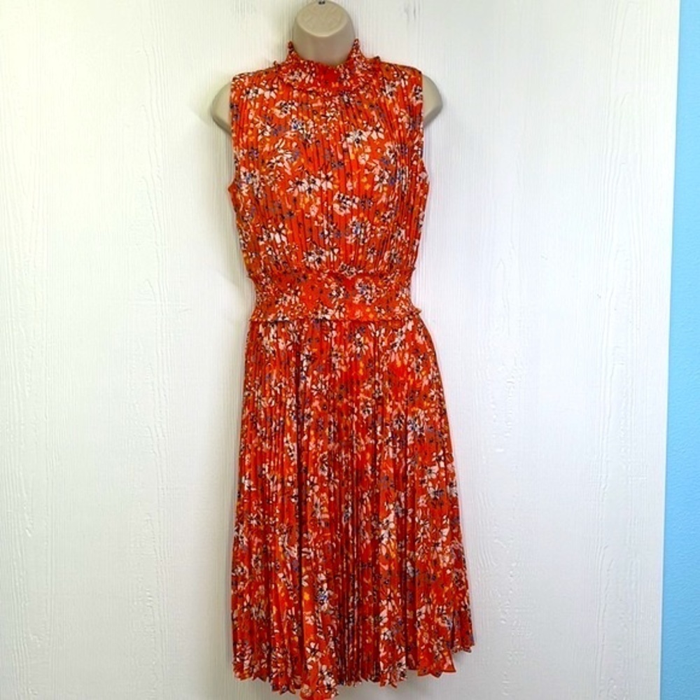 Nanette Lepore - Orange Multi Floral Pleated Sleeveless Midi Dress Size 8 - Picture 2 of 12